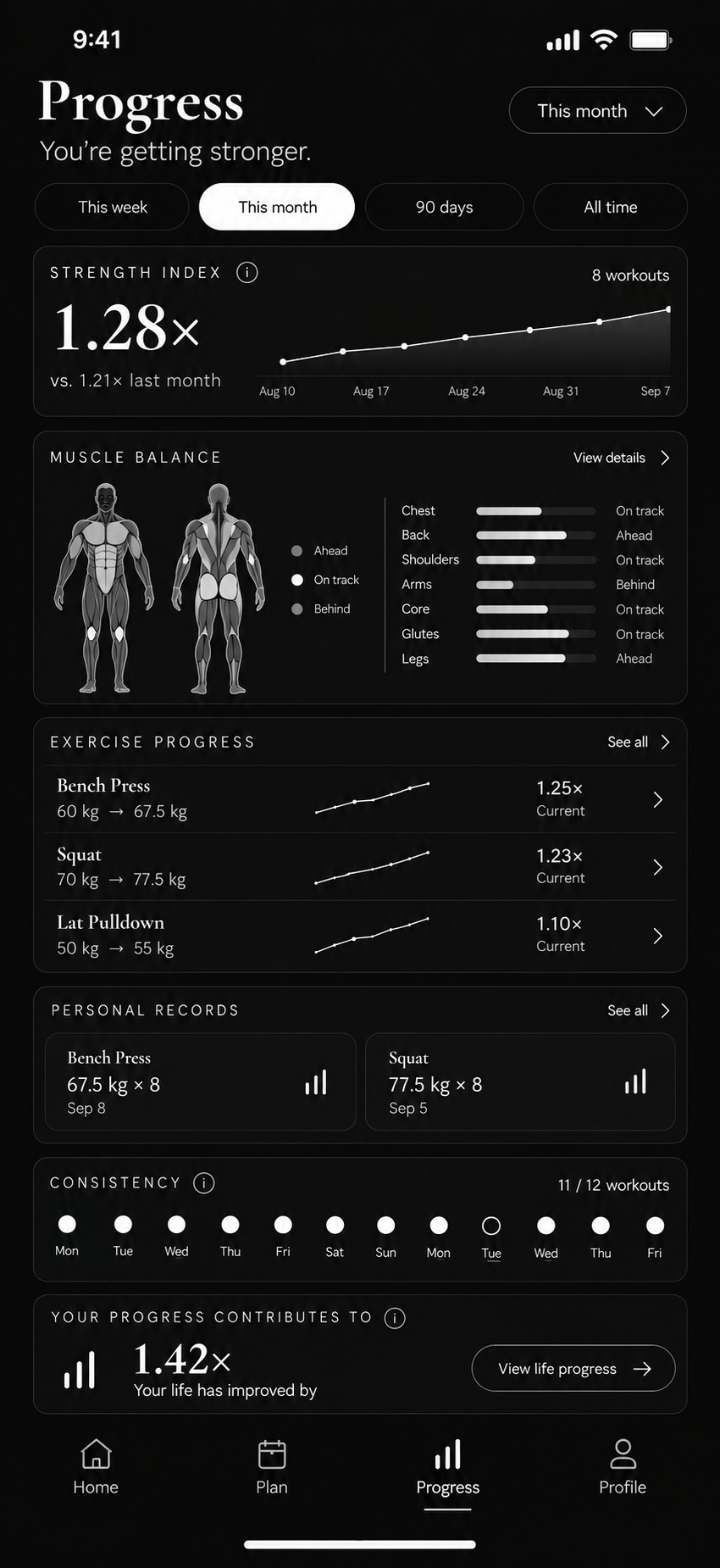 Fortschritts-Screen mit Muskelbalance-Heatmap, Kraftindex, Übungsfortschritt und persönlichen Rekorden